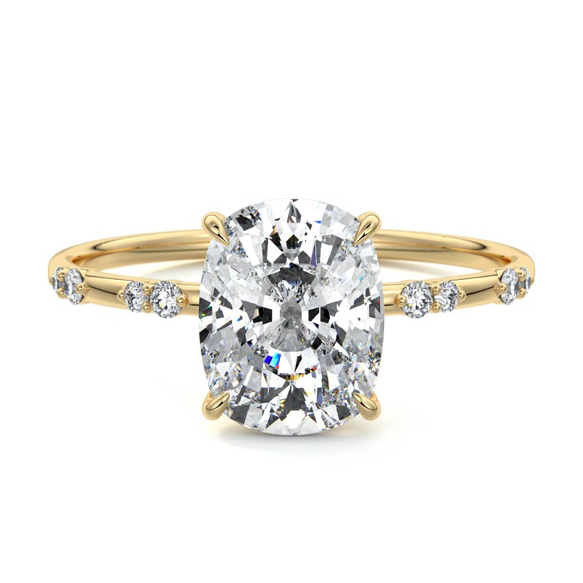 Yellow gold Cushion Diamond Engagement Ring with Minimal Round Side Stones and Prong Setting