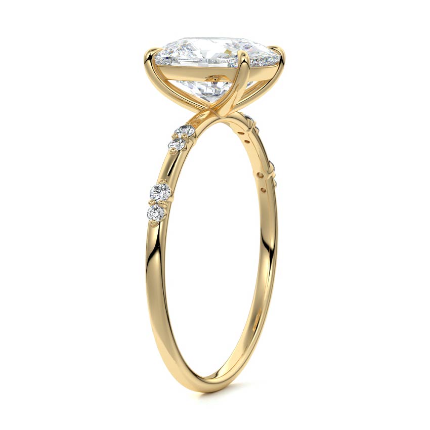 Yellow gold Cushion Diamond Engagement Ring with Minimal Round Side Stones and Prong Setting