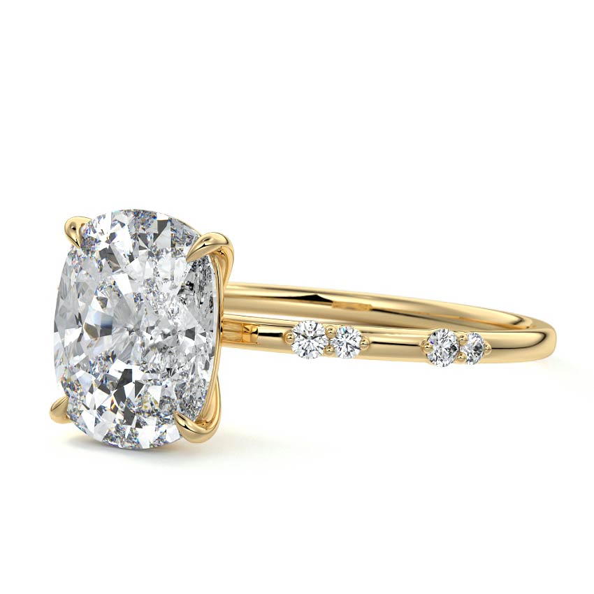 Yellow gold Cushion Diamond Engagement Ring with Minimal Round Side Stones and Prong Setting
