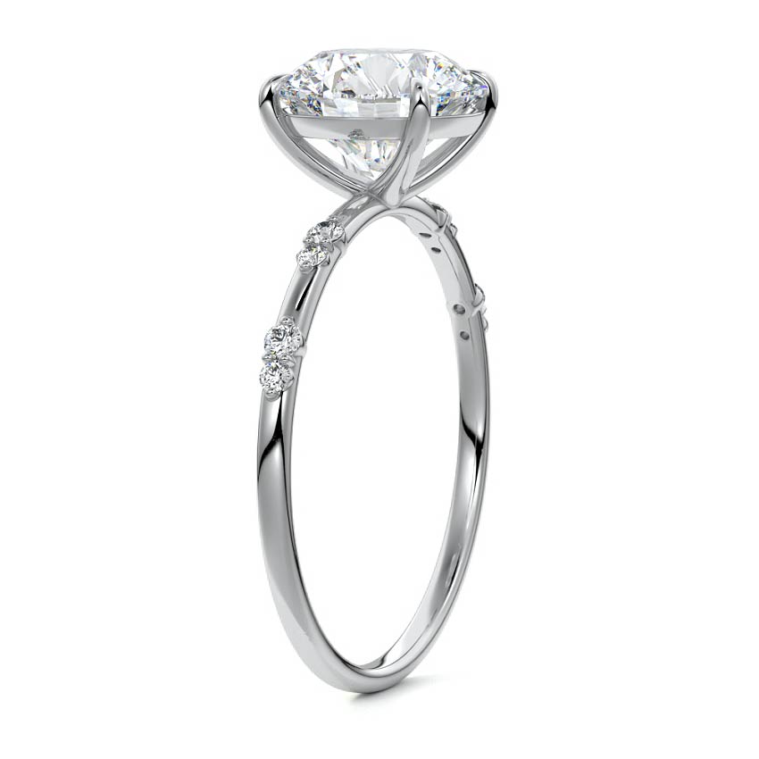 Silver Round Diamond Engagement Ring with Minimal Round Side Stones and Prong Setting
