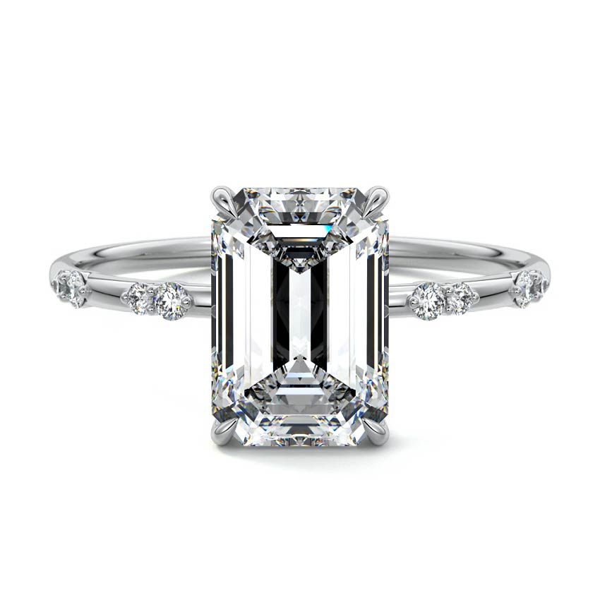 Silver Emerald Diamond Engagement Ring with Minimal Round Side Stones and Prong Setting