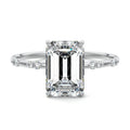 Silver Emerald Diamond Engagement Ring with Minimal Round Side Stones and Prong Setting
