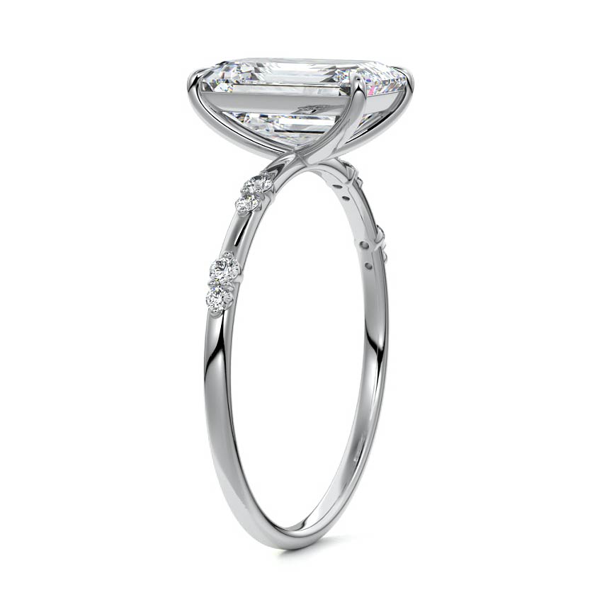Silver Emerald Diamond Engagement Ring with Minimal Round Side Stones and Prong Setting