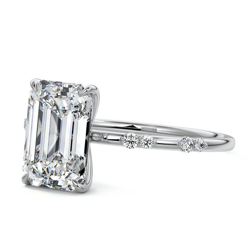 Silver Emerald Diamond Engagement Ring with Minimal Round Side Stones and Prong Setting