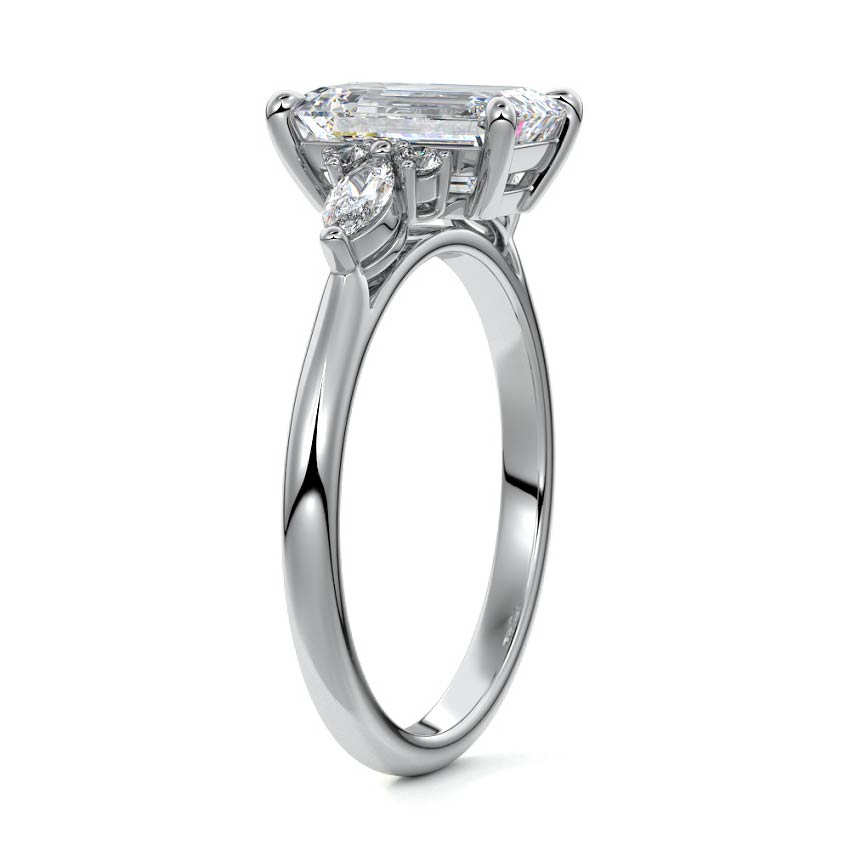 White gold Emerald Diamond Engagement Ring with Marquise and Round Cluster Side Stones
