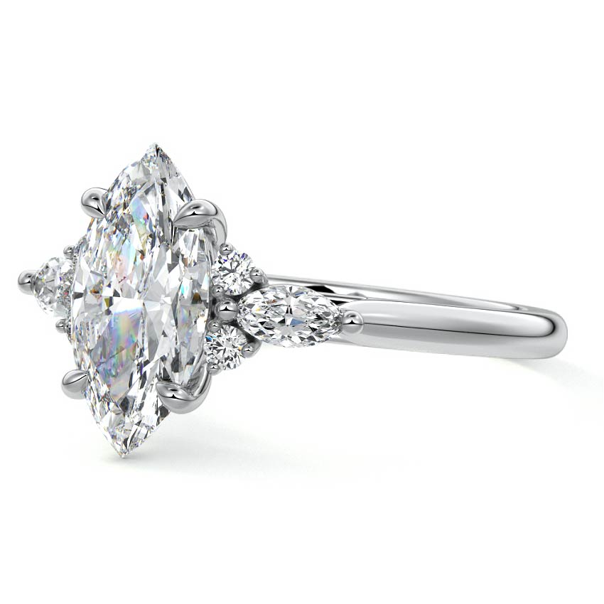 Platinum Marquise Diamond Engagement Ring with Marquise and Round Cluster Side Stones