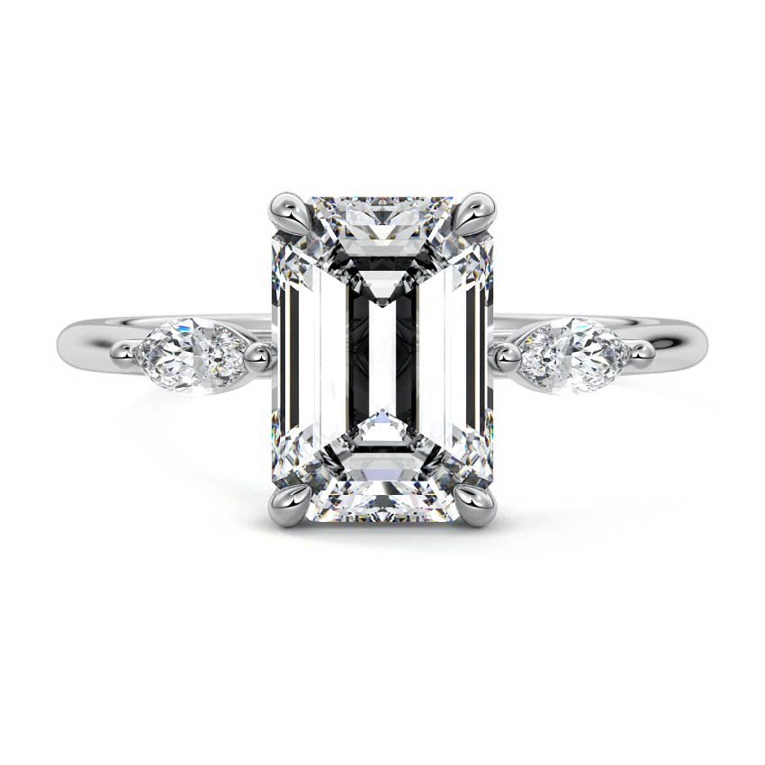 Silver Three-Stone Emerald Diamond Ring with Marquise Side Stones