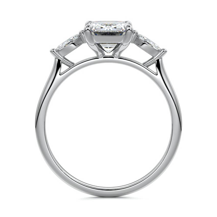 Silver Three-Stone Emerald Diamond Ring with Marquise Side Stones