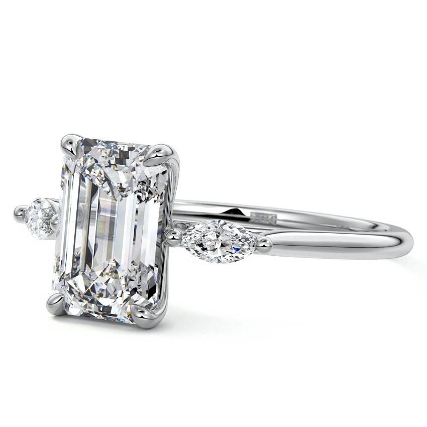 Silver Three-Stone Emerald Diamond Ring with Marquise Side Stones