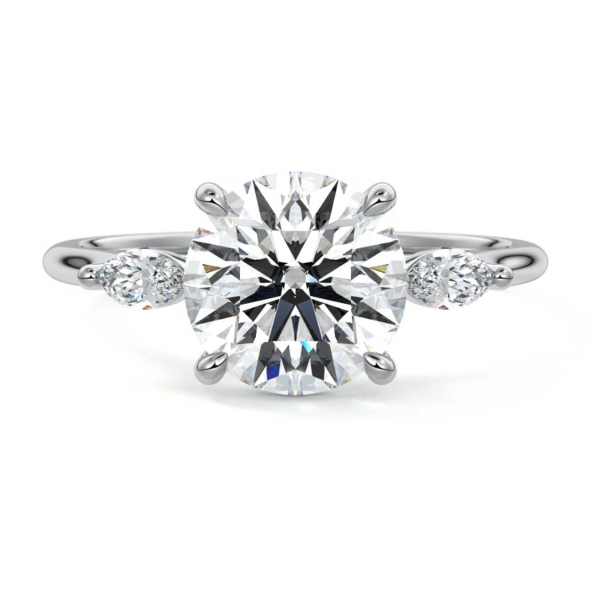 Platinum Three-Stone Round Diamond Ring with Marquise Side Stones