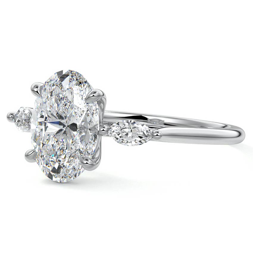 Platinum Three-Stone Oval Diamond Ring with Marquise Side Stones