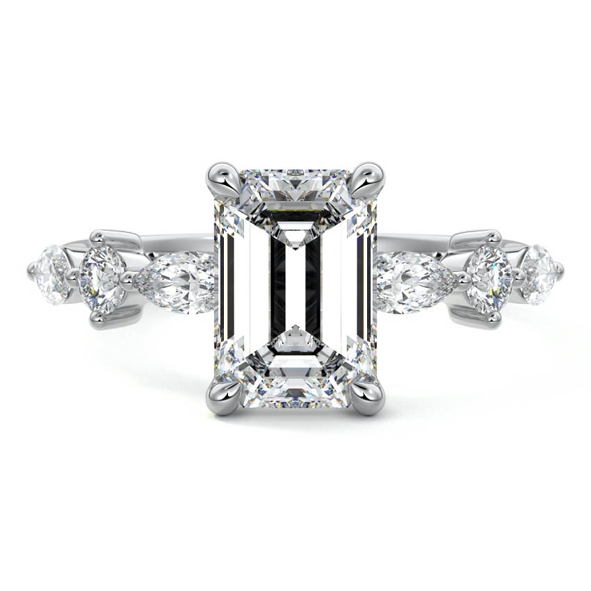 Silver Emerald Diamond Engagement Ring with Marquise and Round Side Stones