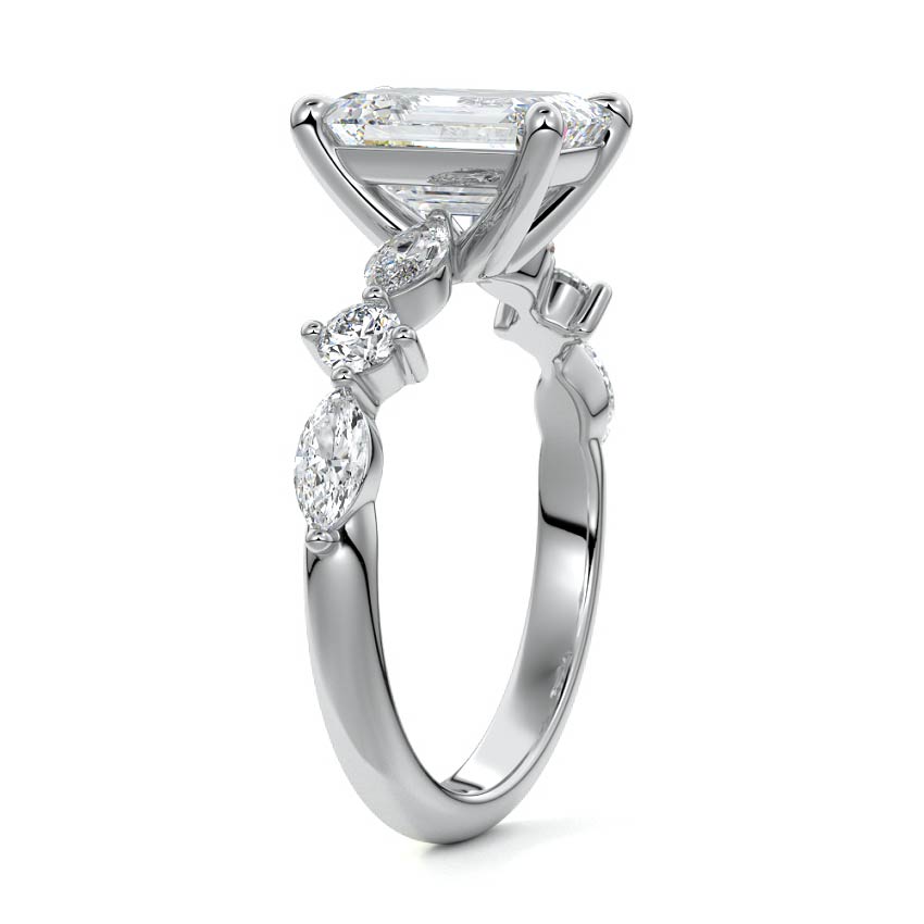 Silver Emerald Diamond Engagement Ring with Marquise and Round Side Stones