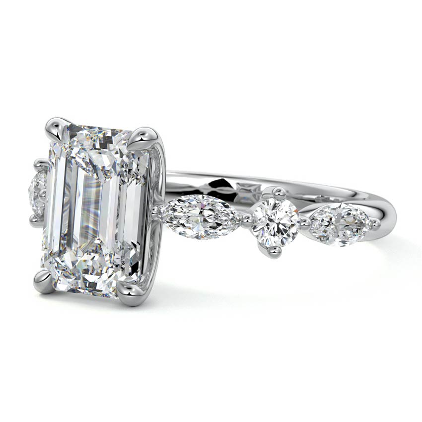 Silver Emerald Diamond Engagement Ring with Marquise and Round Side Stones