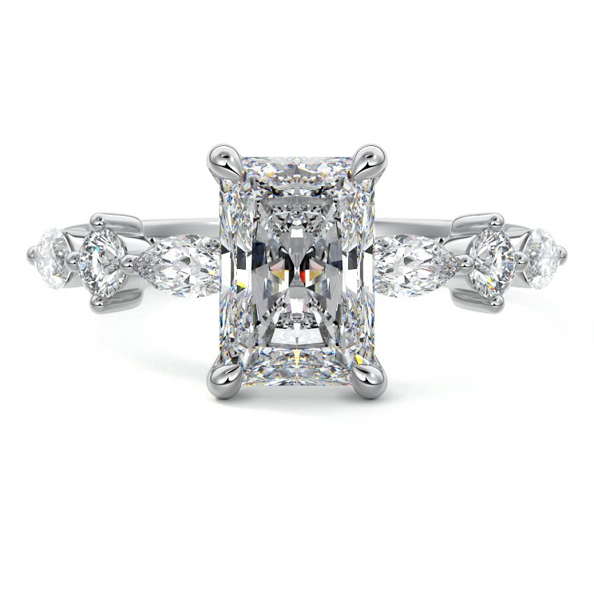 Platinum Radiant Diamond Engagement Ring with Marquise and Round Side Stones