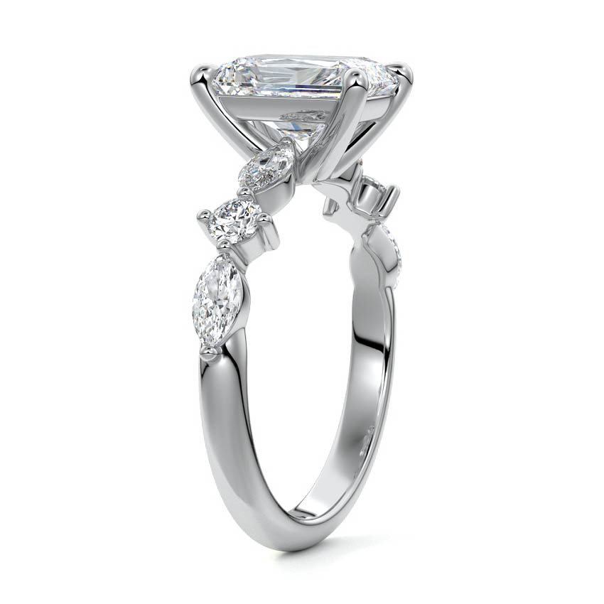 Platinum Radiant Diamond Engagement Ring with Marquise and Round Side Stones