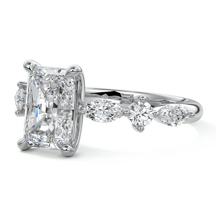 Platinum Radiant Diamond Engagement Ring with Marquise and Round Side Stones
