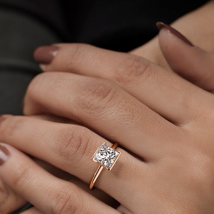 Rose gold Princess Diamond Solitaire Ring with Bezel Setting