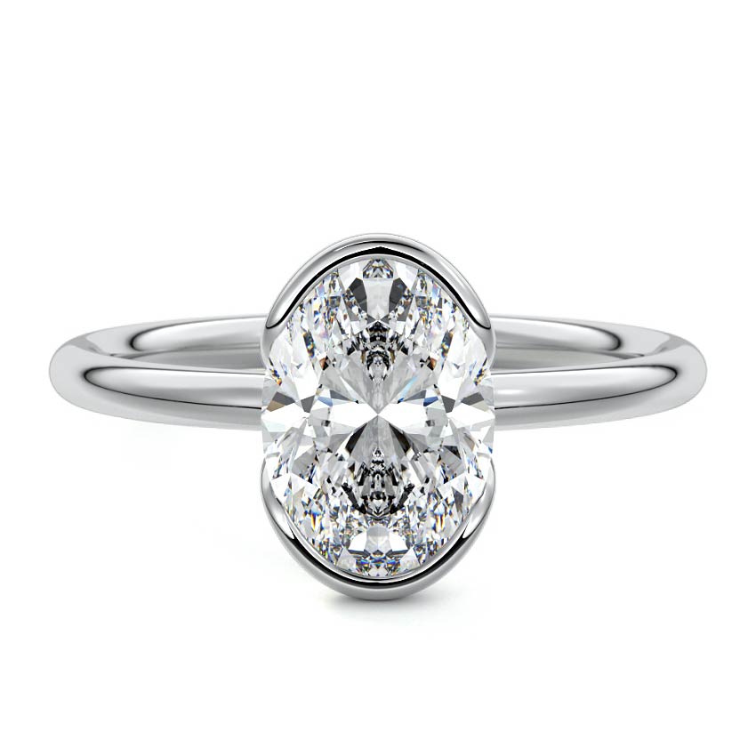 Silver Oval Diamond Solitaire Ring with Bezel Setting
