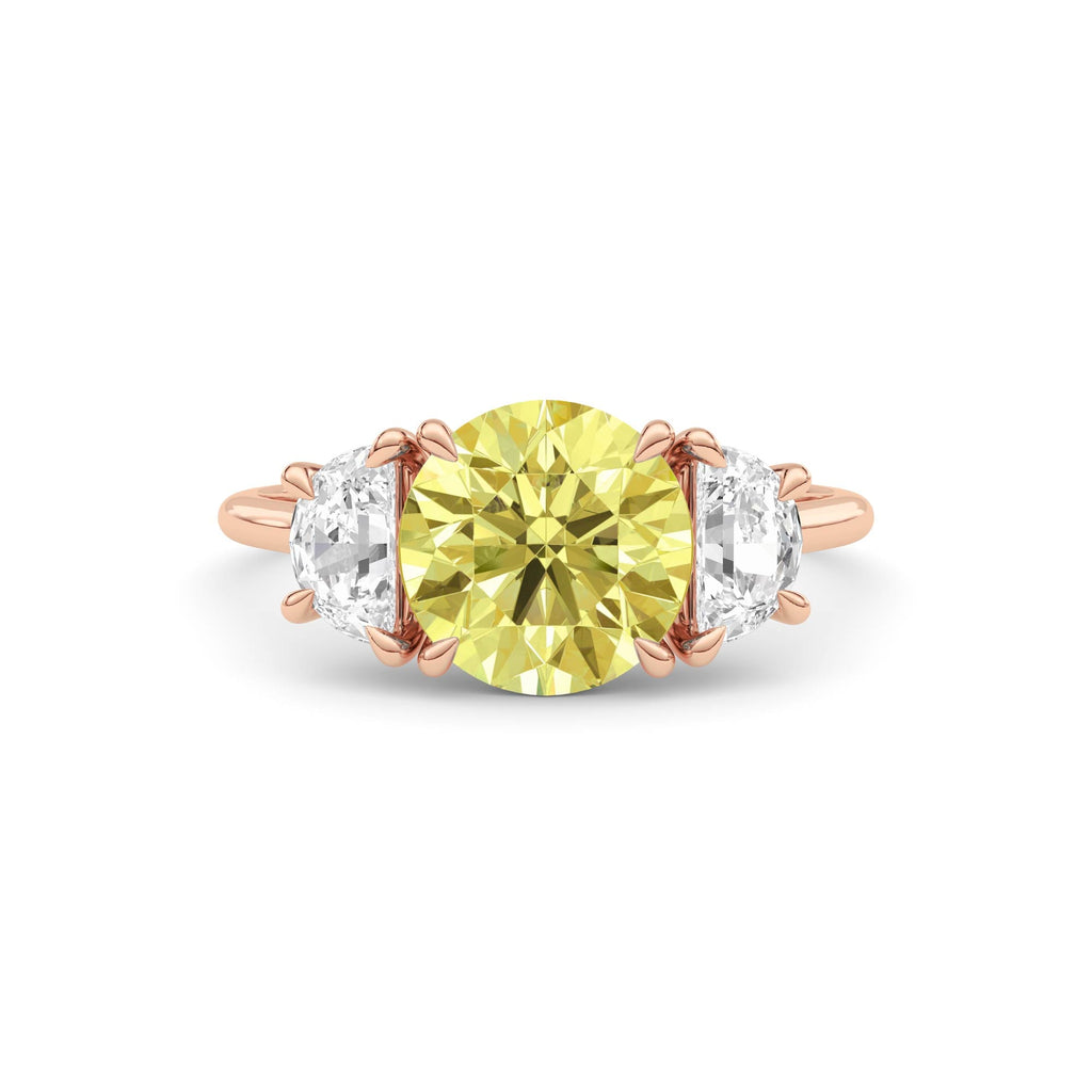 Rose gold Three-Stone Fancy Yellow Round Cut Diamond Ring with Half Moon Side Stones