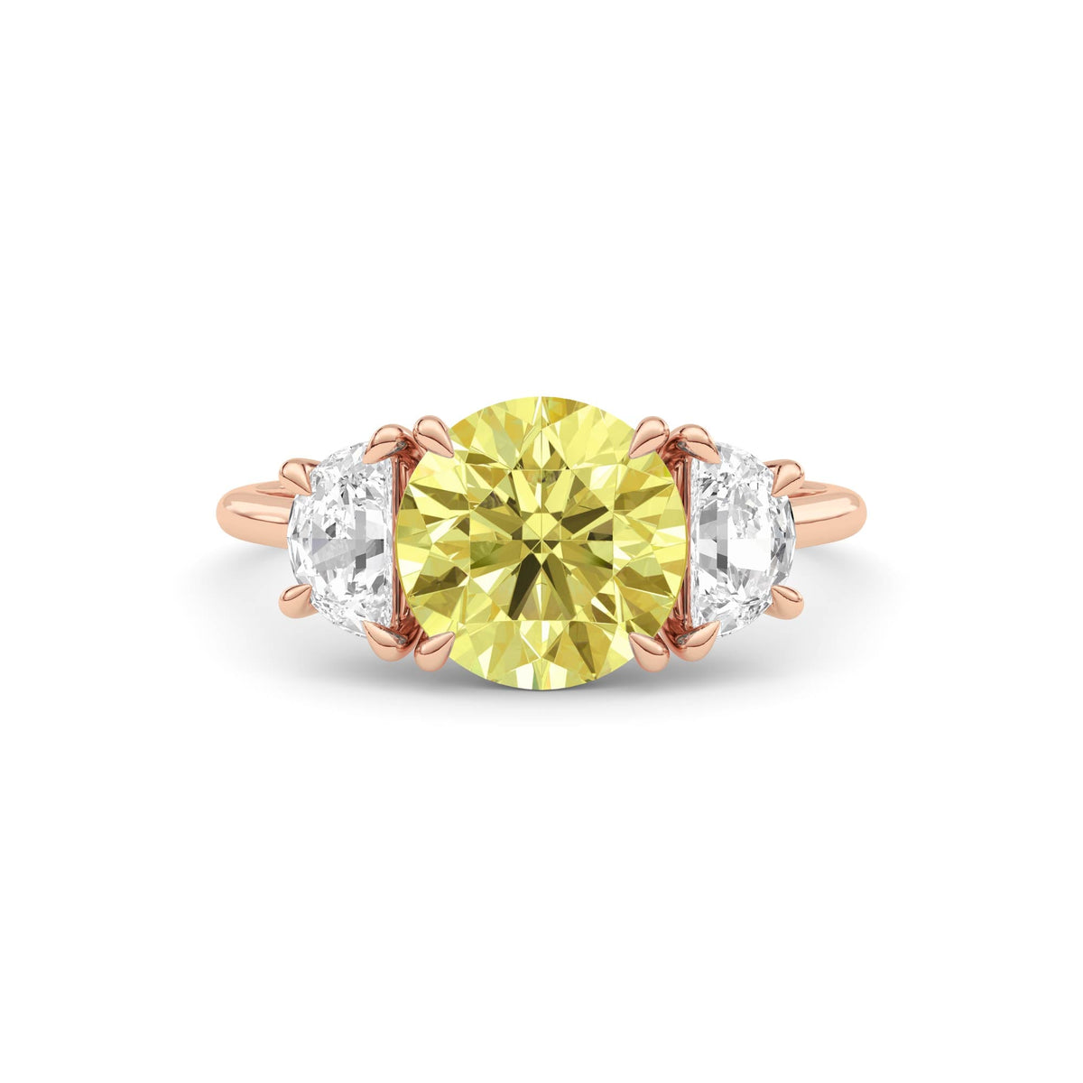 Rose gold Three-Stone Fancy Yellow Round Cut Diamond Ring with Half Moon Side Stones