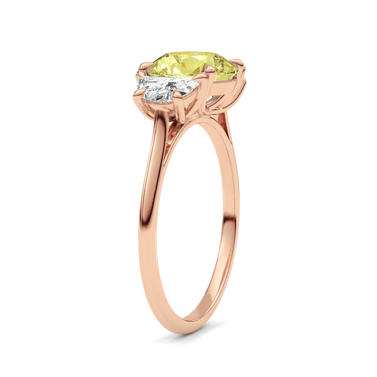 Rose gold Three-Stone Fancy Yellow Round Cut Diamond Ring with Half Moon Side Stones