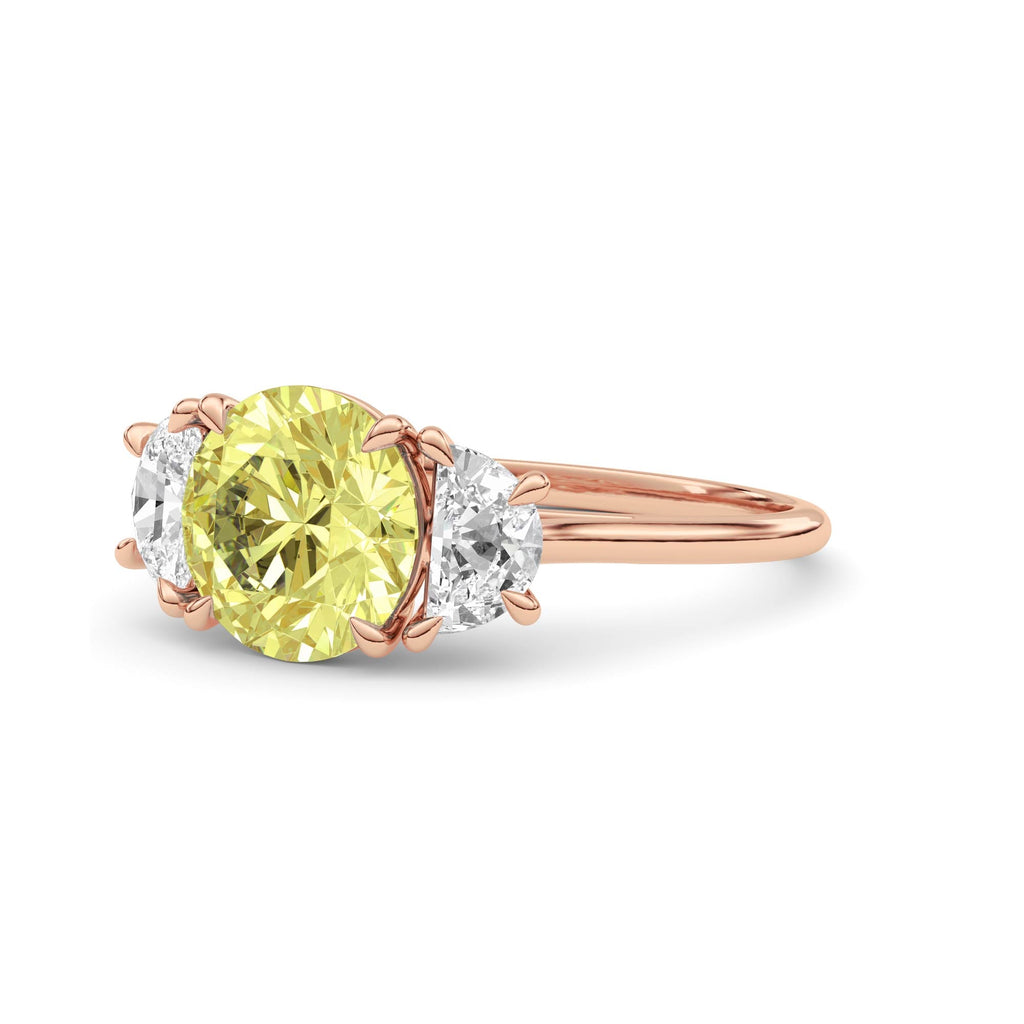 Rose gold Three-Stone Fancy Yellow Round Cut Diamond Ring with Half Moon Side Stones