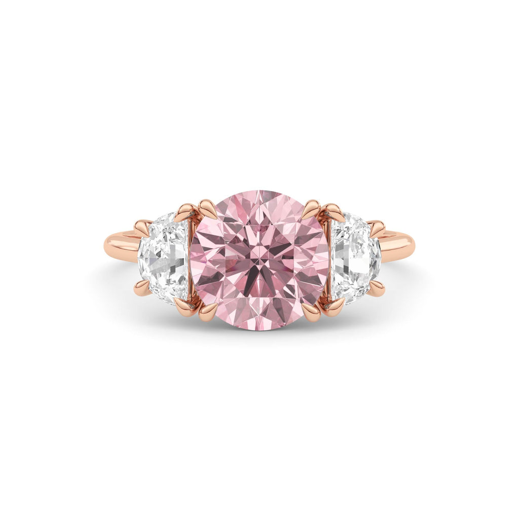 Rose gold Three-Stone Fancy Pink Round Cut Diamond Ring with Half Moon Side Stones