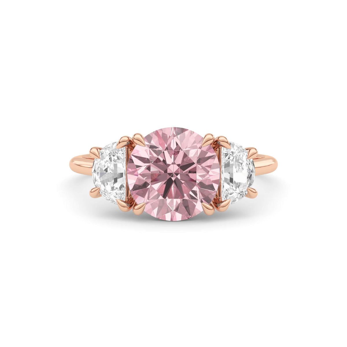 Rose gold Three-Stone Fancy Pink Round Cut Diamond Ring with Half Moon Side Stones