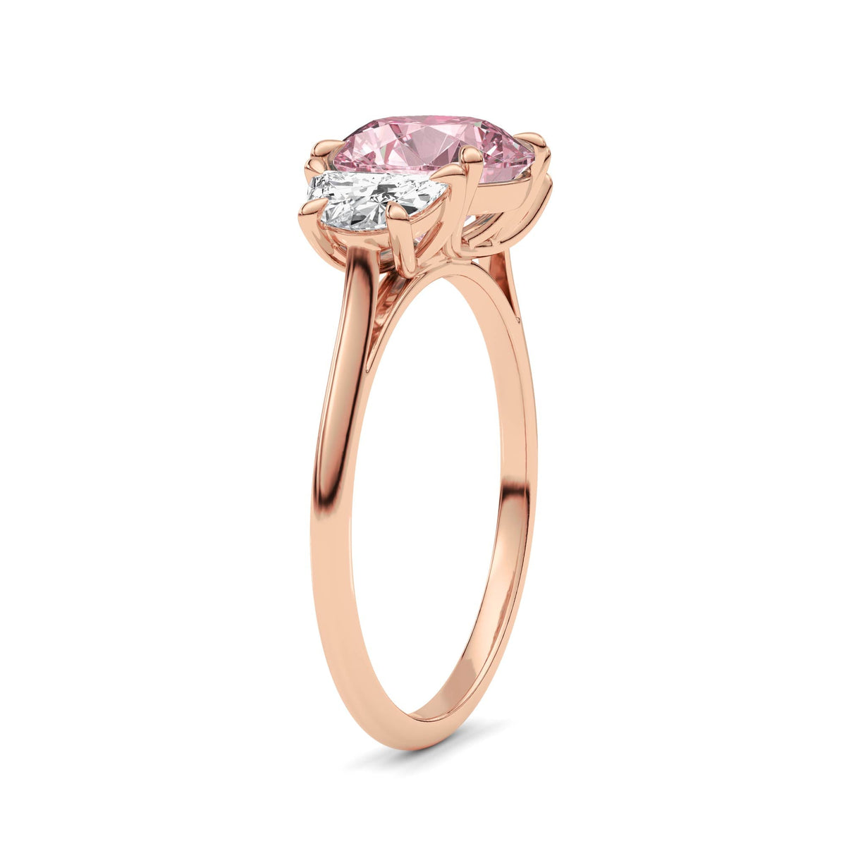 Rose gold Three-Stone Fancy Pink Round Cut Diamond Ring with Half Moon Side Stones