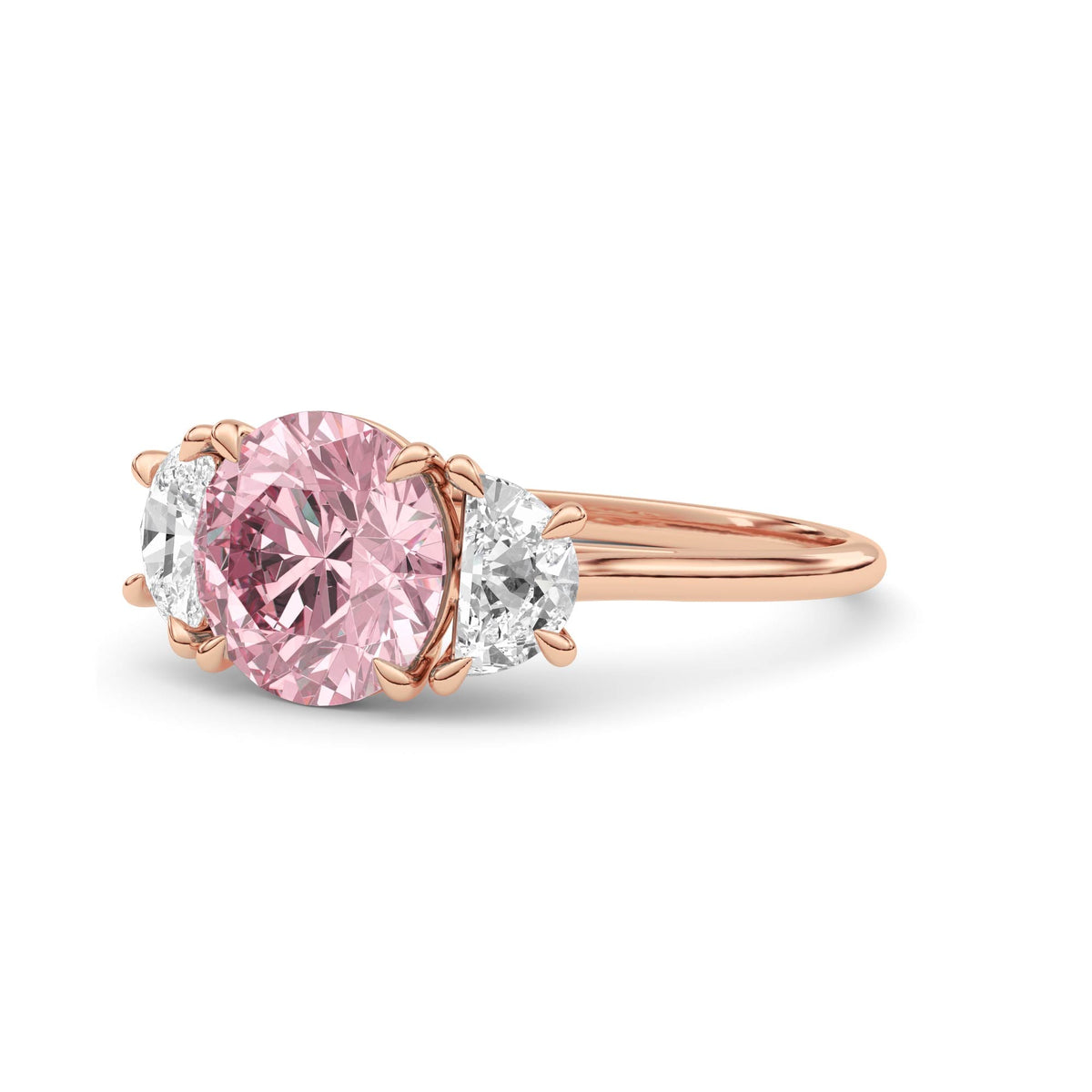 Rose gold Three-Stone Fancy Pink Round Cut Diamond Ring with Half Moon Side Stones