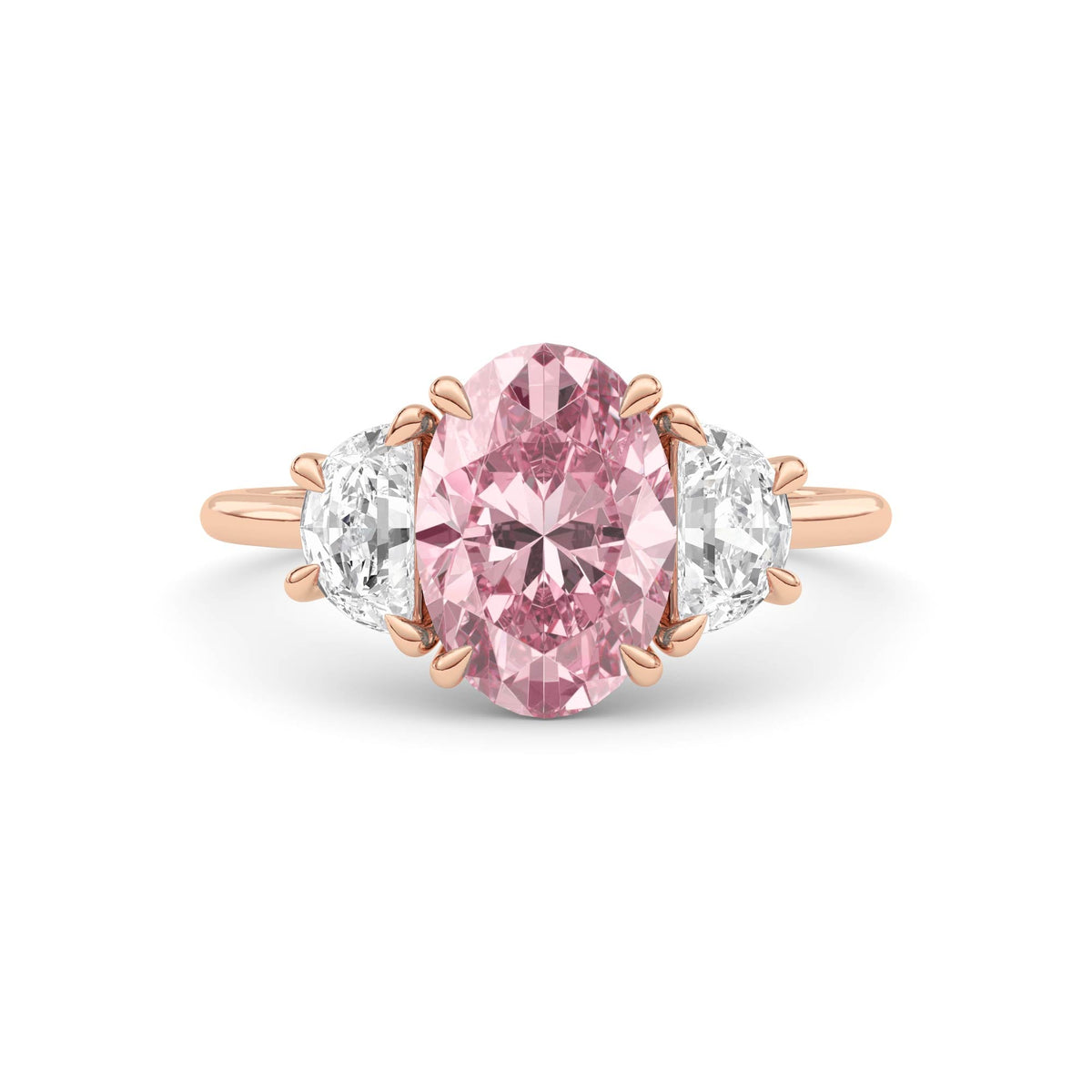 Rose gold Three-Stone Fancy Pink Oval Cut Diamond Ring with Half Moon Side Stones