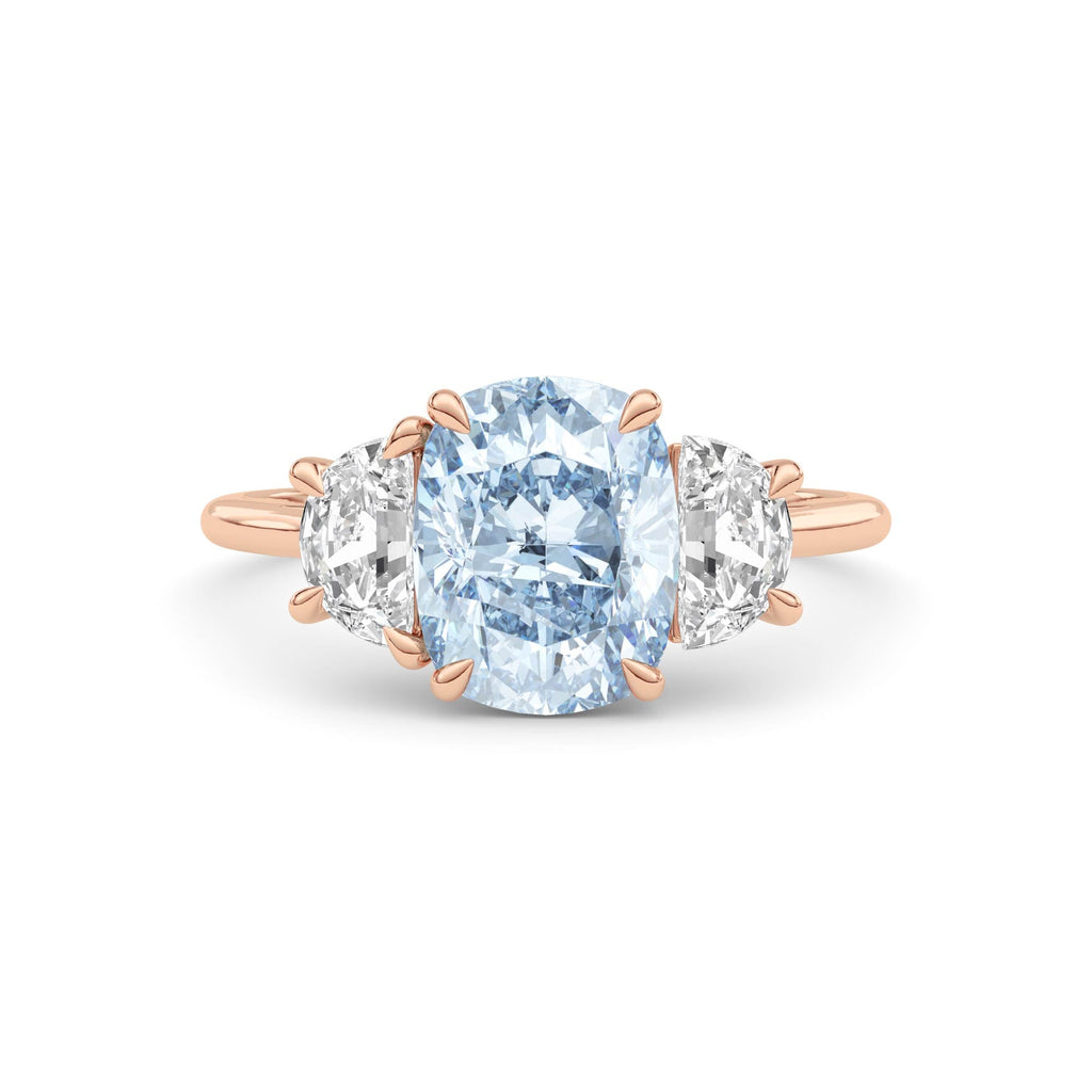 Rose gold Three-Stone Fancy Blue Cushion Cut Diamond Ring with Half Moon Side Stones