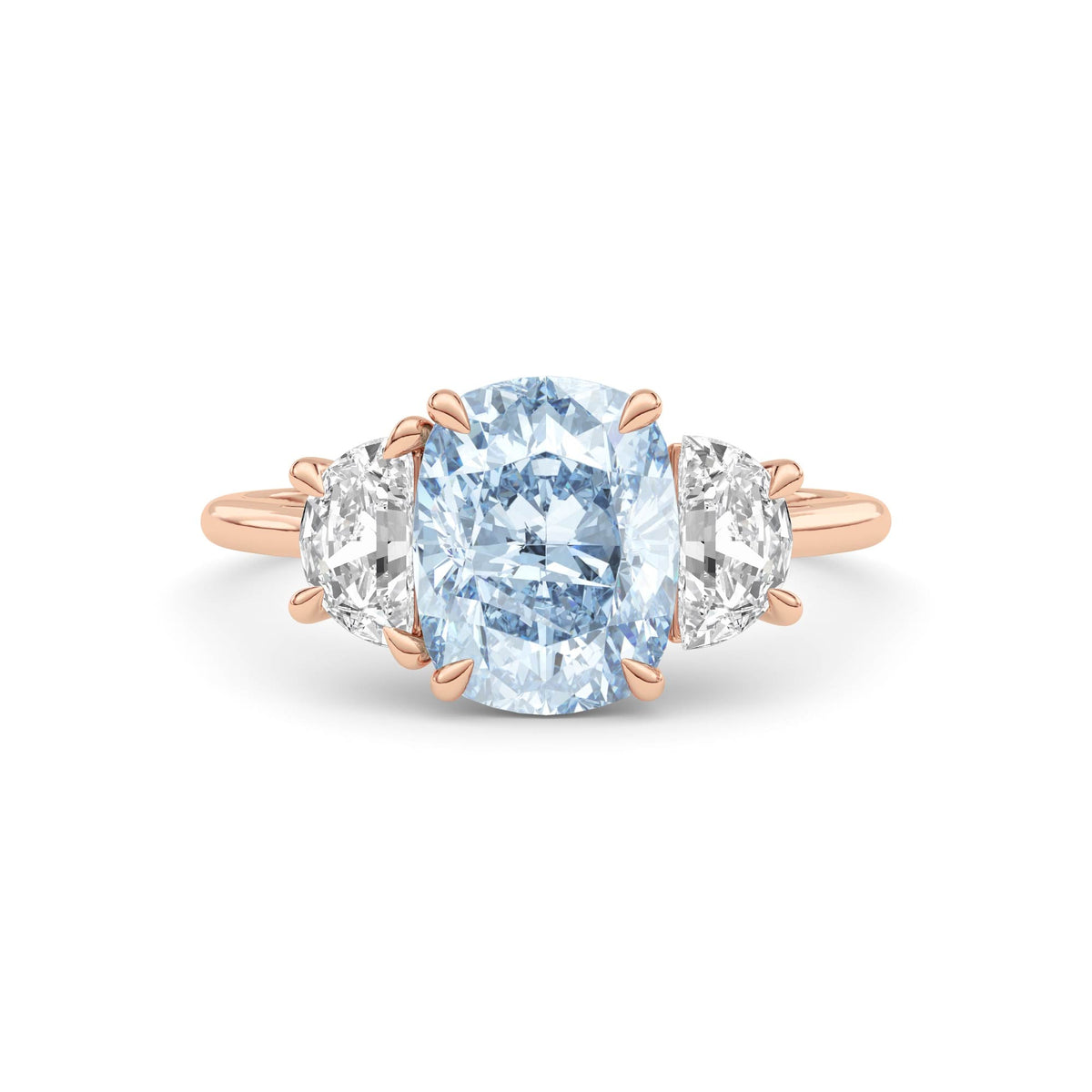 Rose gold Three-Stone Fancy Blue Cushion Cut Diamond Ring with Half Moon Side Stones