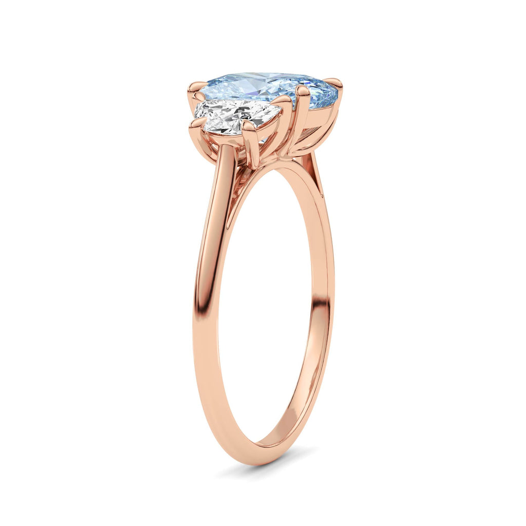 Rose gold Three-Stone Fancy Blue Cushion Cut Diamond Ring with Half Moon Side Stones