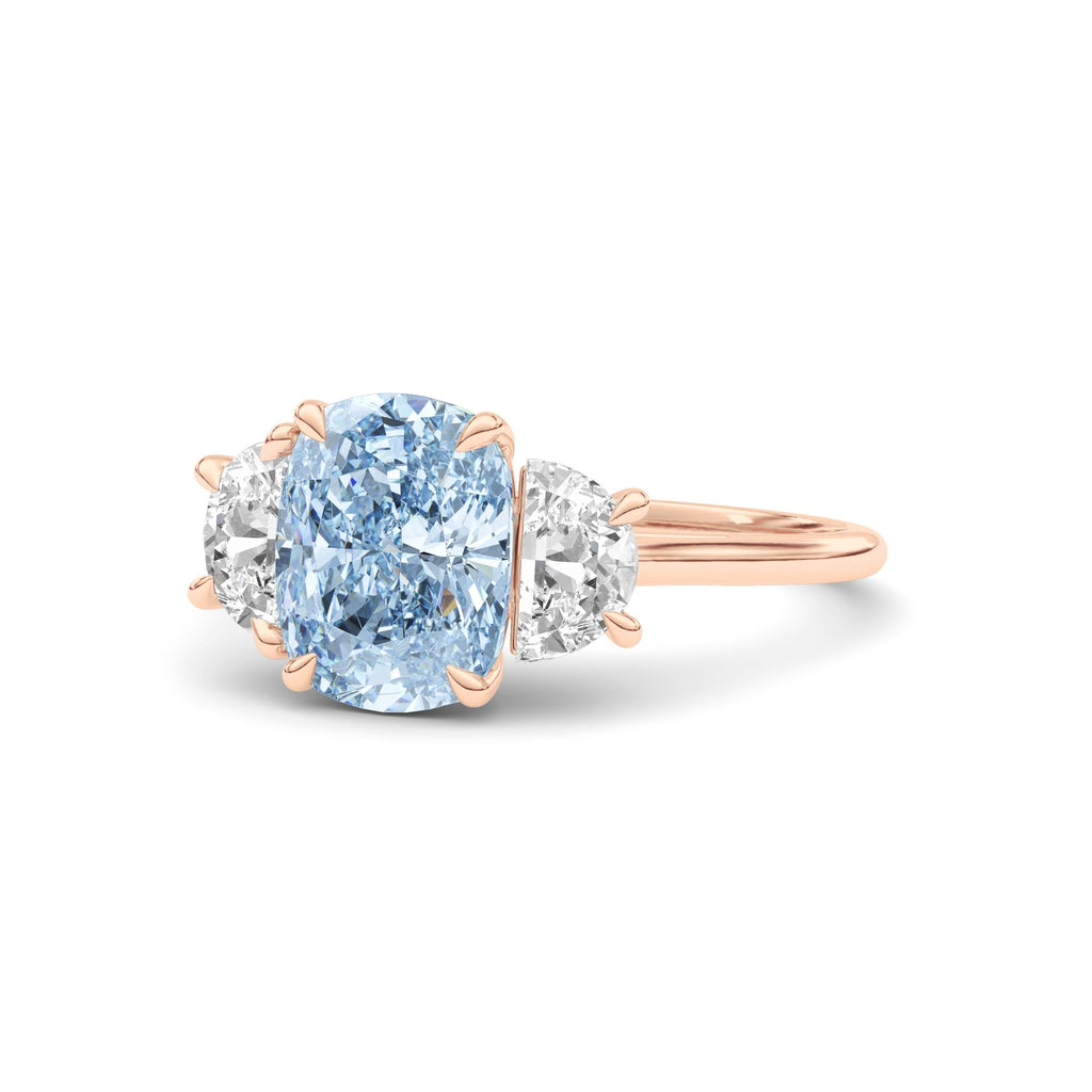 Rose gold Three-Stone Fancy Blue Cushion Cut Diamond Ring with Half Moon Side Stones