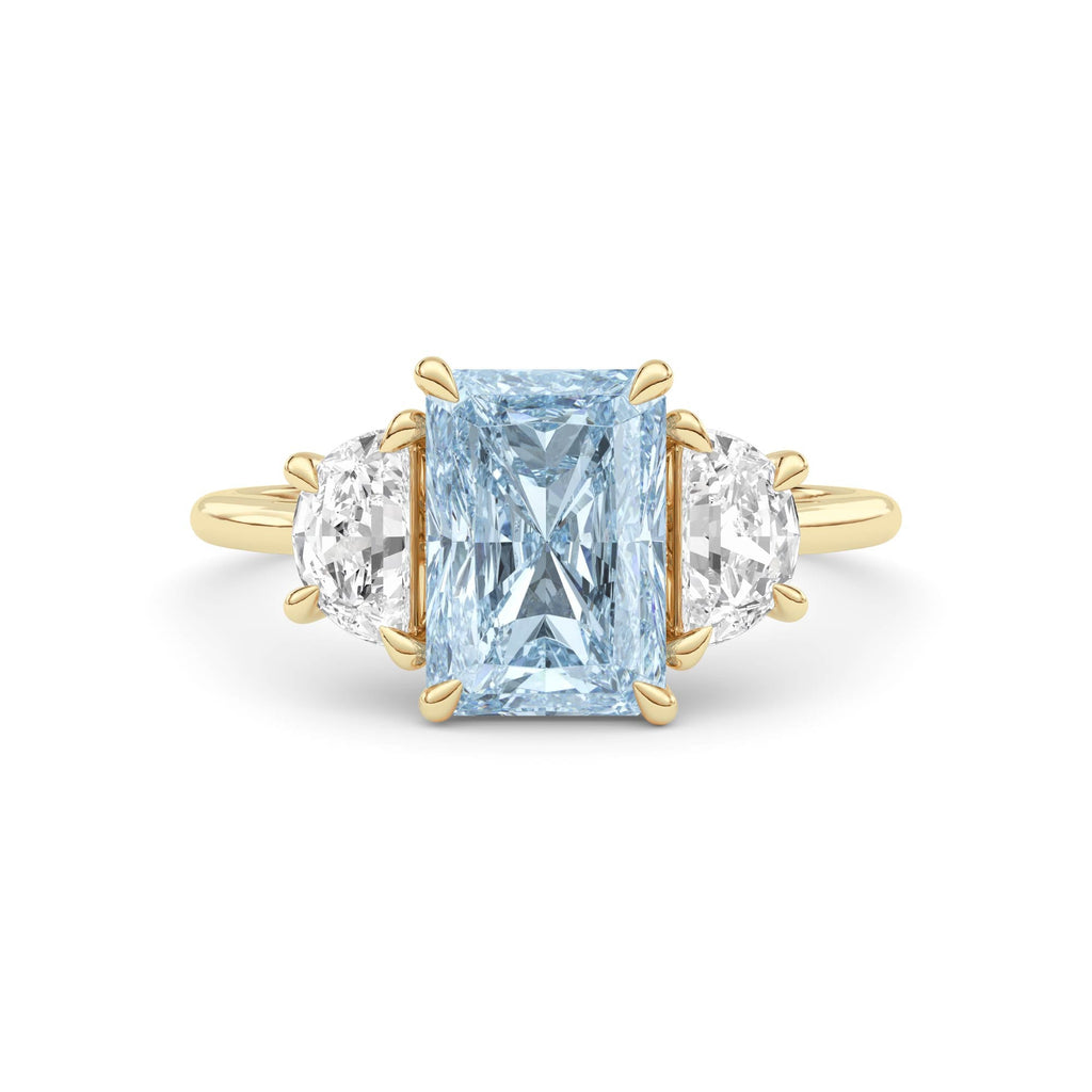 Yellow gold Three-Stone Fancy Blue Radiant Cut Diamond Ring with Half Moon Side Stones