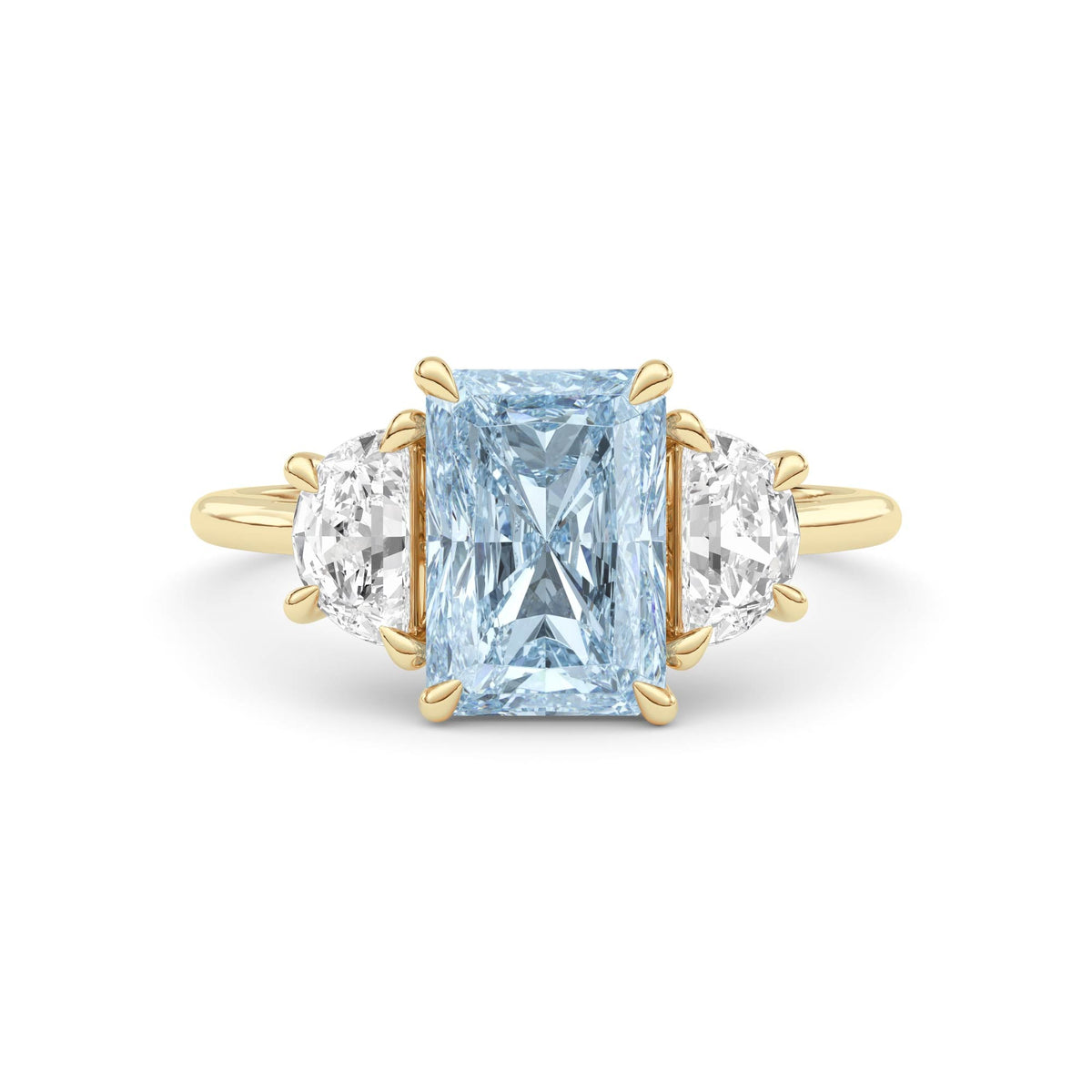 Yellow gold Three-Stone Fancy Blue Radiant Cut Diamond Ring with Half Moon Side Stones