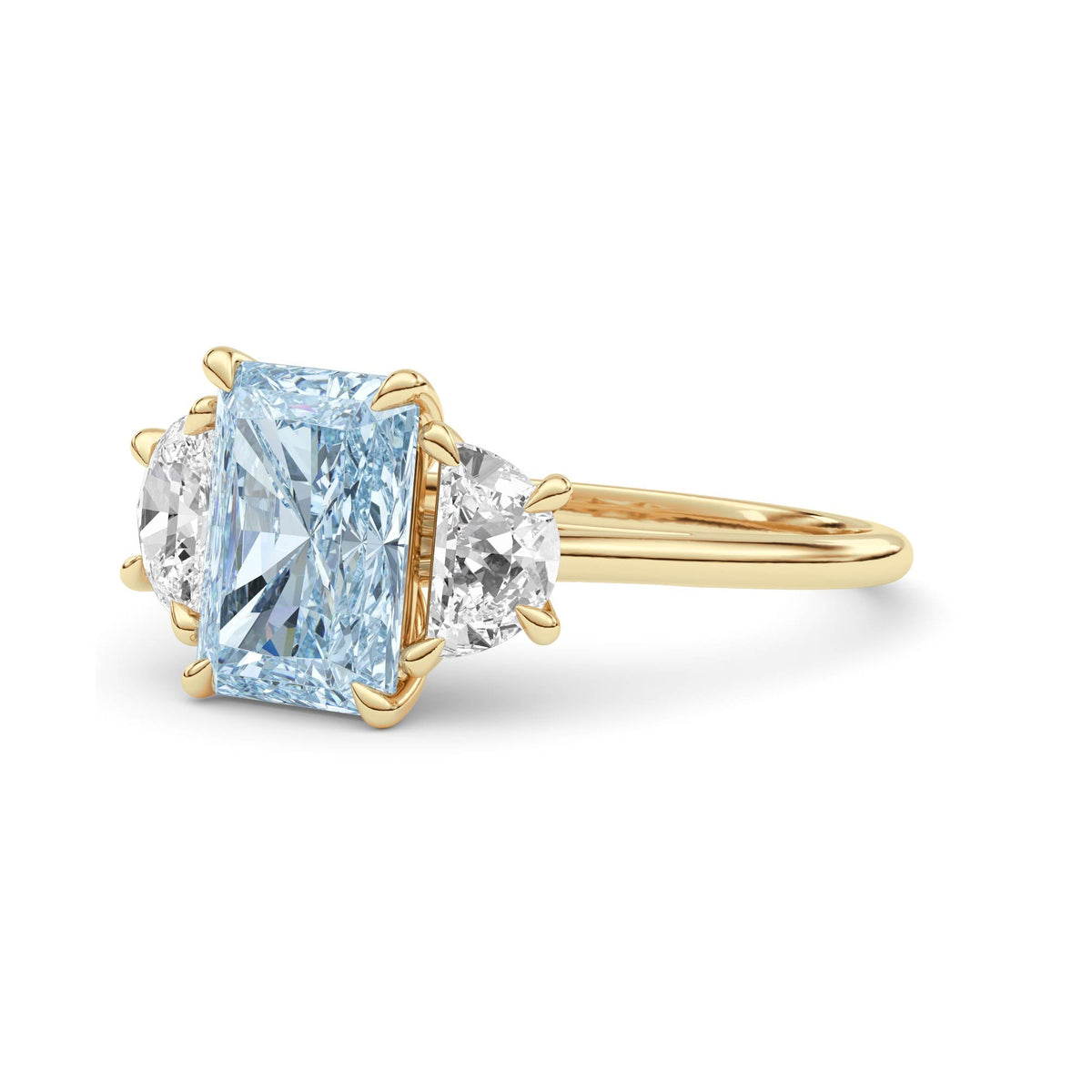 Yellow gold Three-Stone Fancy Blue Radiant Cut Diamond Ring with Half Moon Side Stones