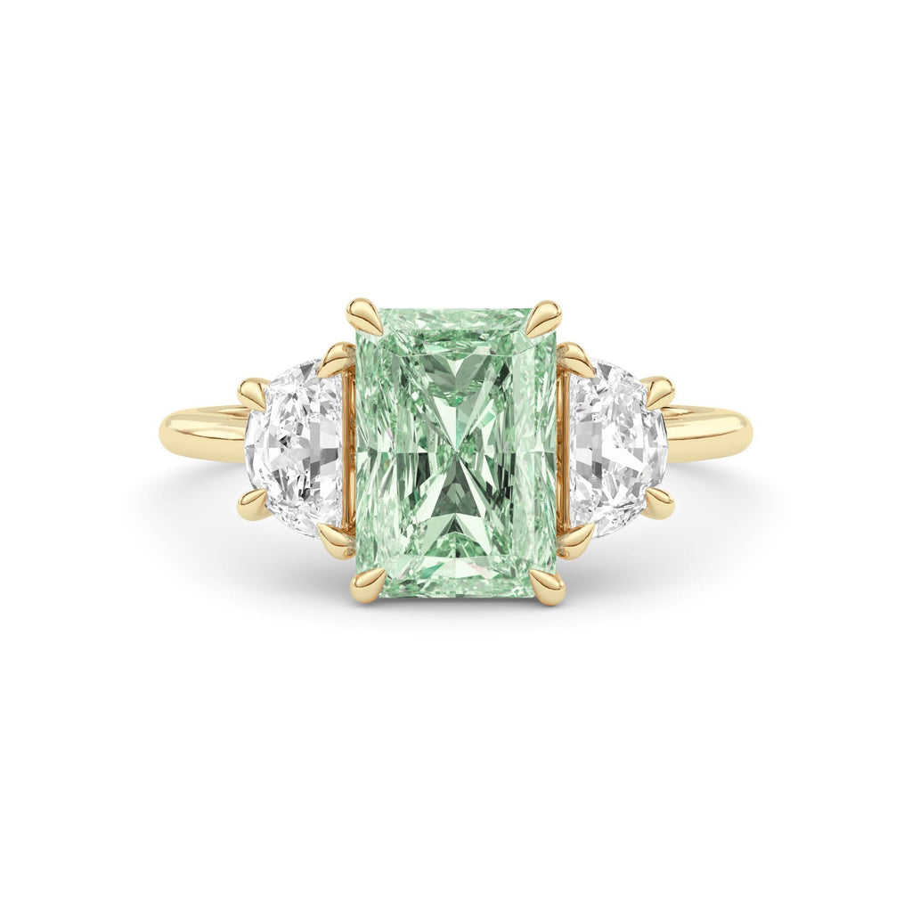 Yellow gold Three-Stone Fancy Green Radiant Cut Diamond Ring with Half Moon Side Stones