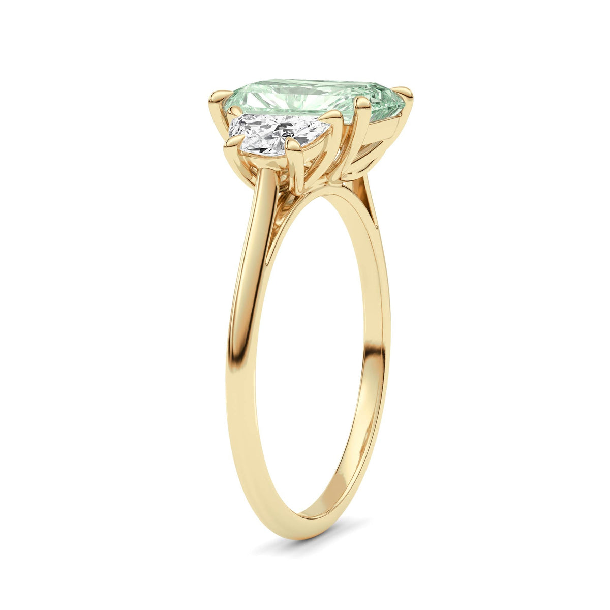 Yellow gold Three-Stone Fancy Green Radiant Cut Diamond Ring with Half Moon Side Stones