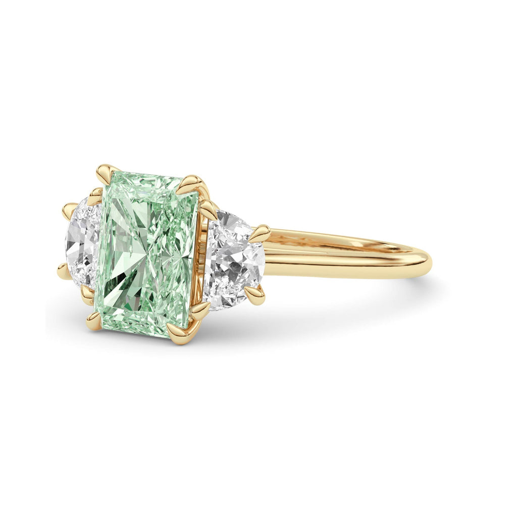 Yellow gold Three-Stone Fancy Green Radiant Cut Diamond Ring with Half Moon Side Stones