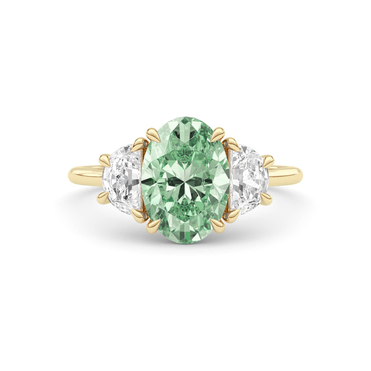 Yellow gold Three-Stone Fancy Green Oval Cut Diamond Ring with Half Moon Side Stones