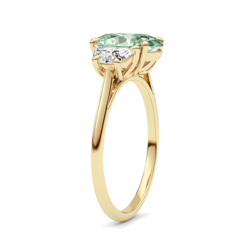 Yellow gold Three-Stone Fancy Green Oval Cut Diamond Ring with Half Moon Side Stones