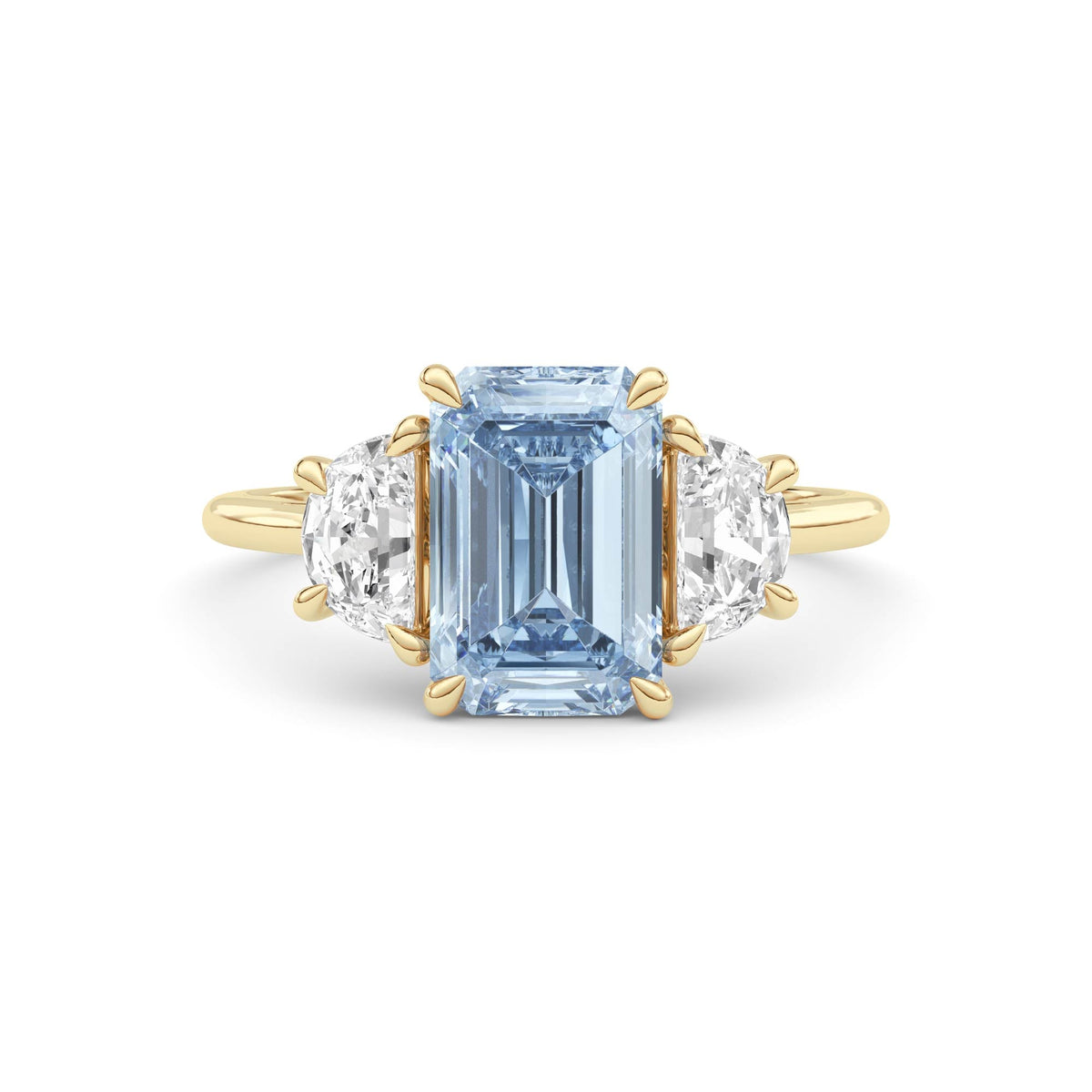 Yellow gold Three-Stone Fancy Blue Emerald Cut Diamond Ring with Half Moon Side Stones