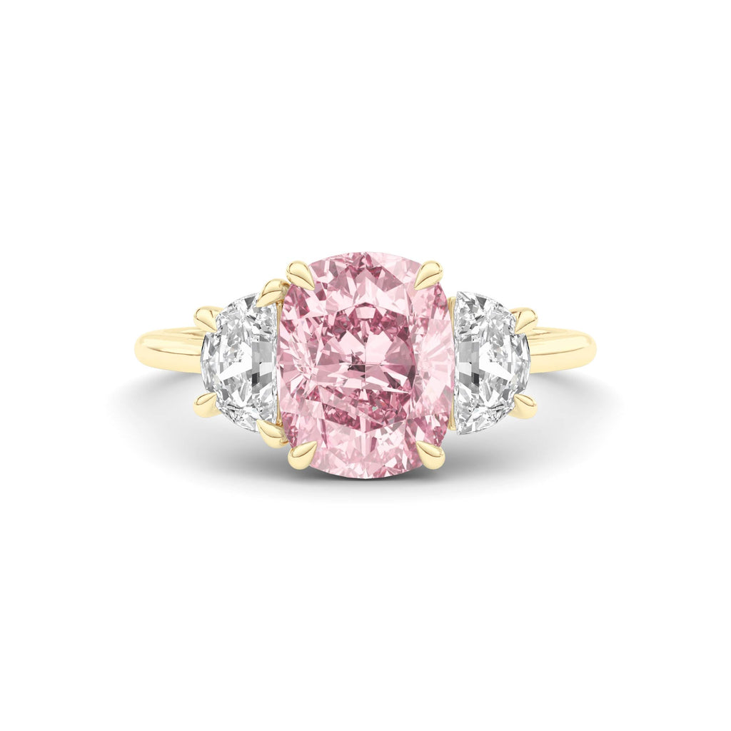 Yellow gold Three-Stone Fancy Pink Cushion Cut Diamond Ring with Half Moon Side Stones
