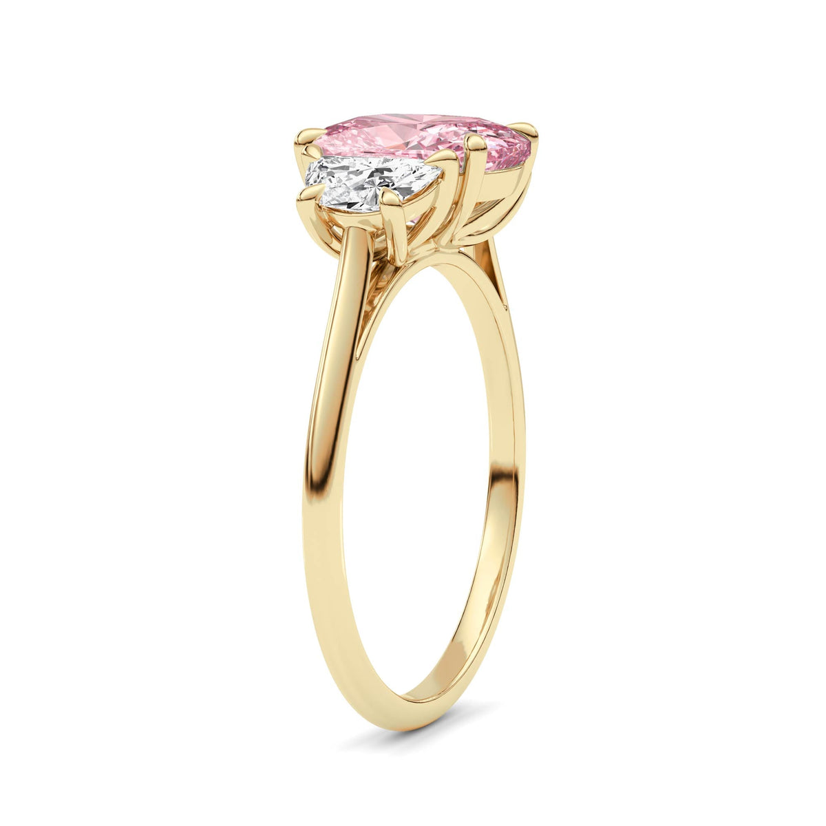 Yellow gold Three-Stone Fancy Pink Cushion Cut Diamond Ring with Half Moon Side Stones