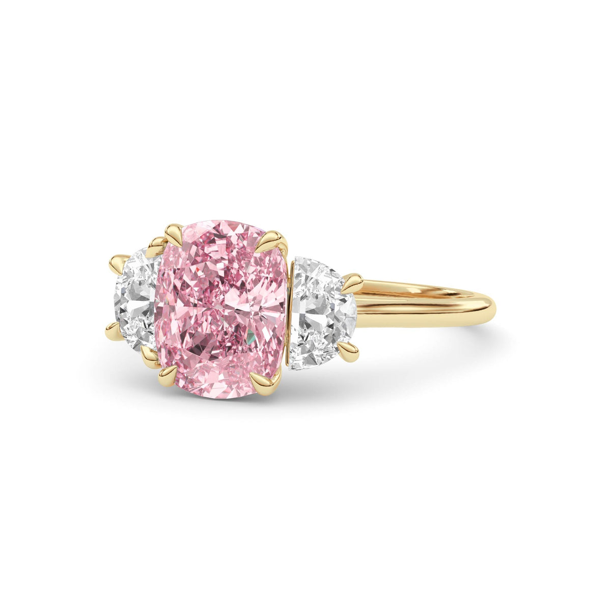 Yellow gold Three-Stone Fancy Pink Cushion Cut Diamond Ring with Half Moon Side Stones
