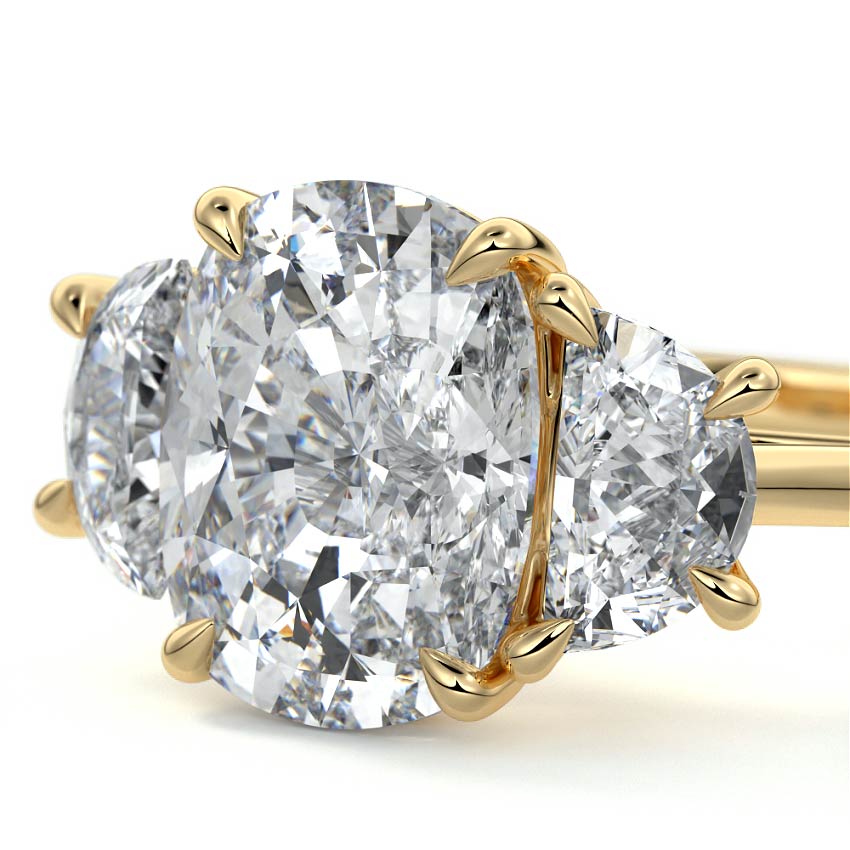 Yellow gold Three-Stone Cushion Diamond Ring with Half Moon Side Stones
