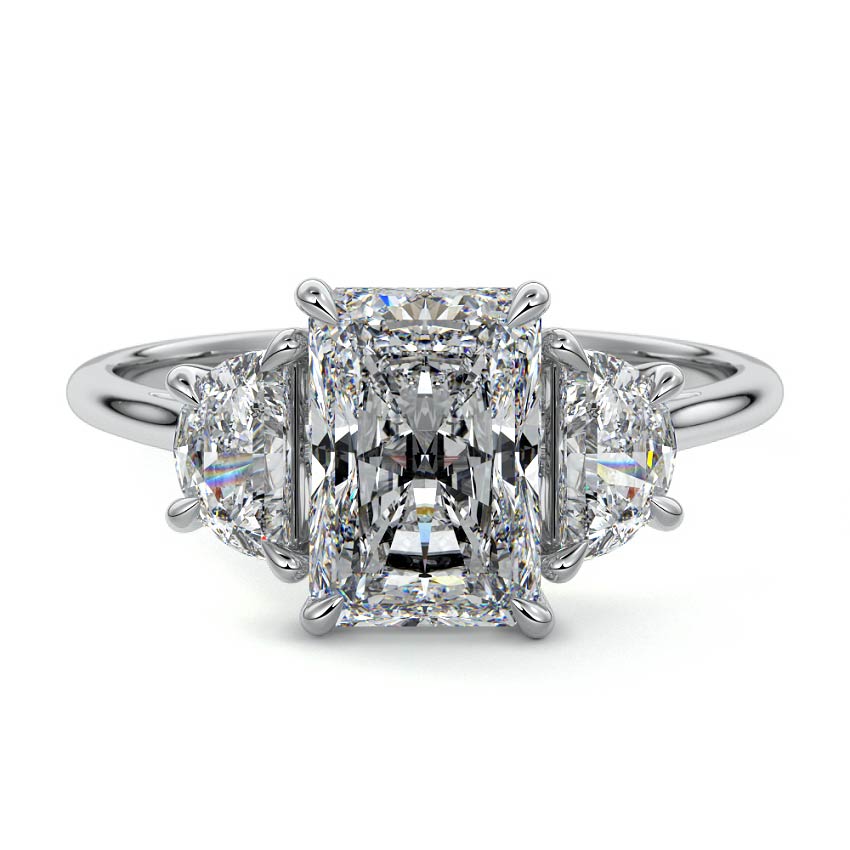 White gold Three-Stone Radiant Diamond Ring with Half Moon Side Stones